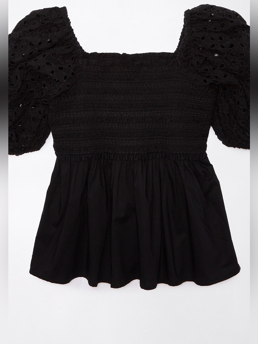 American Eagle Black Smocked Eyelet Puff Sleeve Square Neck Peplum Top XS